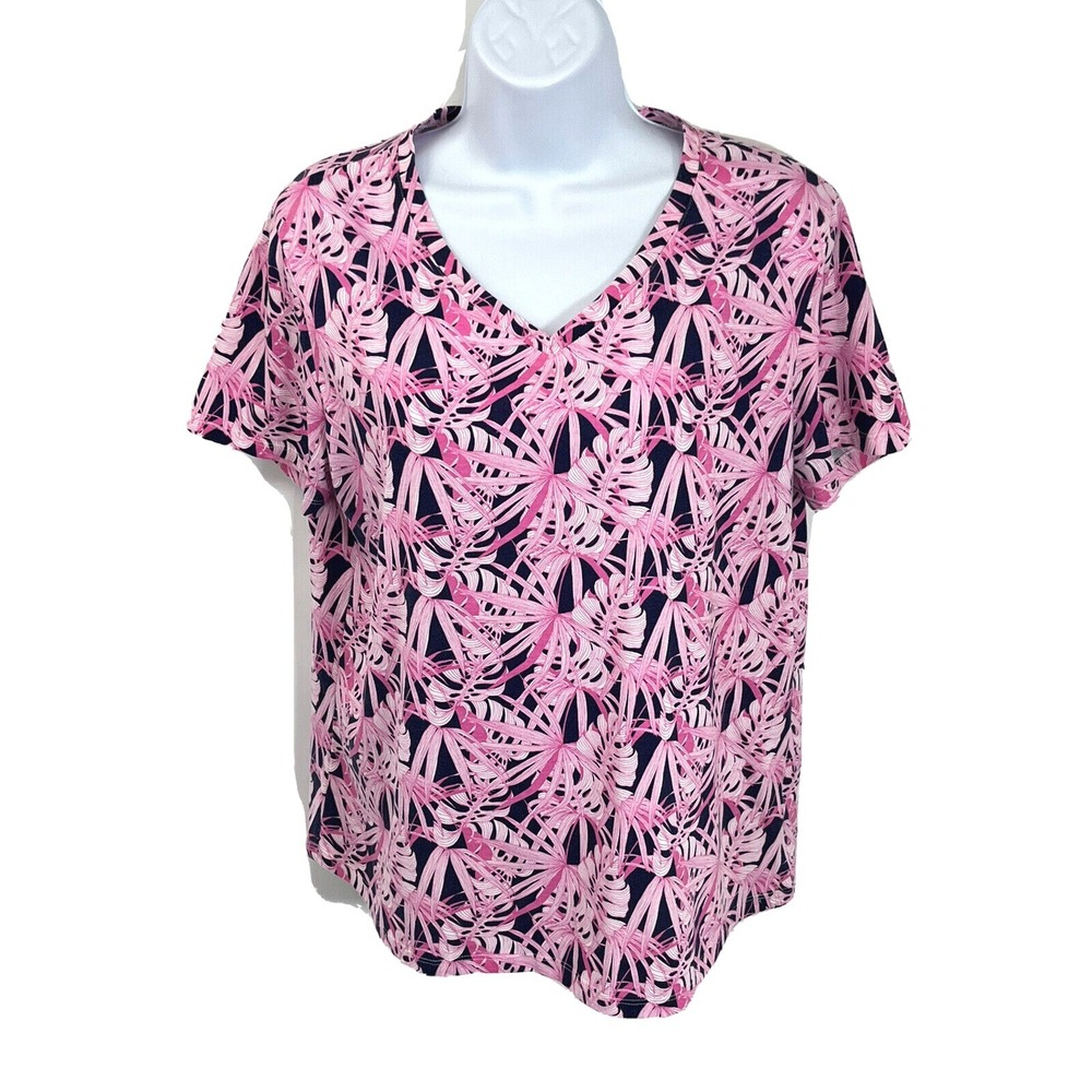 Fresh Produce Womens Pink Blue Short Sleeve Floral V Neck Top Size Large Coastal
